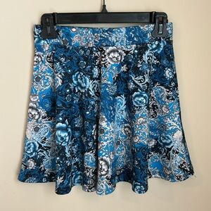 Wet Seal Blue Multi Colored Floral Print Stretch Knit Skater Mini Skirt Sz S